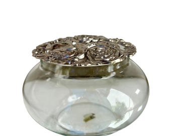 Słoik na potpourri z cyny, filigranowy, kwiatowy, różany, z pokrywką, vintage, na biżuterię