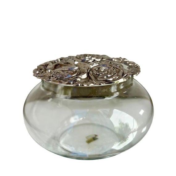 Vintage Glass Potpourri Jar Pewter Filigree Floral Rose Lid Vanity Jewelry Dish