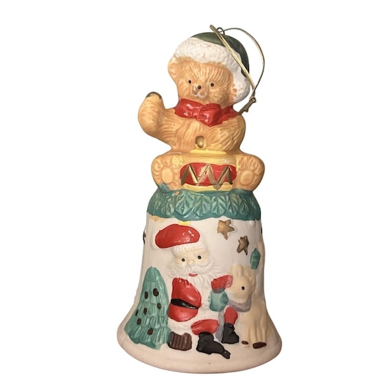 1995 Artmark Porcelain Christmas Bell Ornament: Hand-Painted Santa, Tree, Bear – Collectible Decor