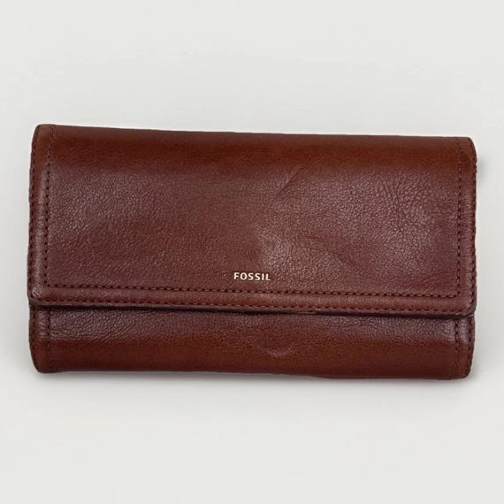Fossil Brown Leather Trifold Wallet Snap Closure Checkbook Clutch RFID Style