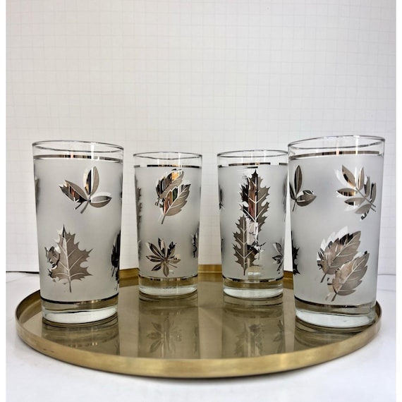 Vintage Frosted Silver Leaf Highball Glasses Tumblers Set of 4 MCM