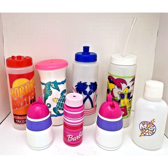 Lot 90s Vintage Plastic Water Bottles Barbie Taco Bell Retro Kids Cups