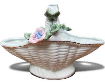 Vintage White Porcelain Basket w/ Applied Flowers | 1950s Ceramic TrinketDish