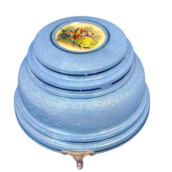 Vintage 1950s Blue Aluminum Musical Powder Puff Box – Fragonard Scene