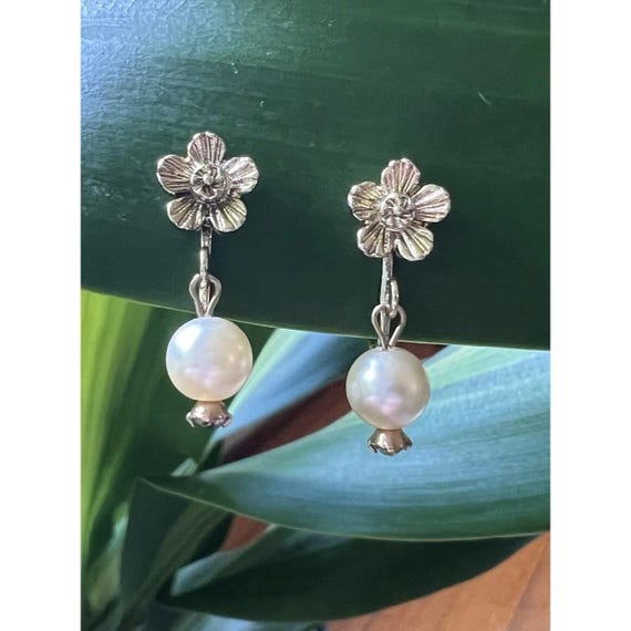 Vintage Faux Pearl Drop Earrings Gold Tone Floral Rhinestone Clip Ons