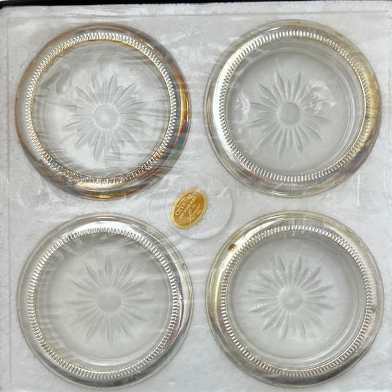 NOS Leonard Coaster Set Crystal Silver Plate Vintage Starburst Italy 4pc