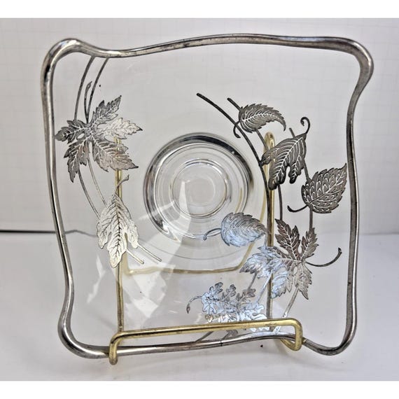 Vintage Etched Glass Candy Dish Silver Leaf Pedestal Stand Mid Century Modern