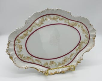 Antique Haviland Limoges Platter with Scalloped Edge, Pink Floral, Gold Trim