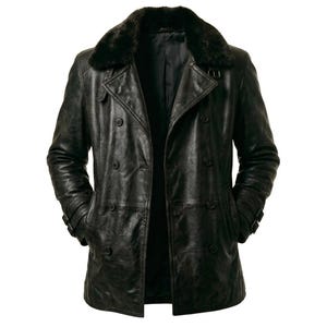 May include: A black leather double-breasted coat with a faux fur collar. The coat has a classic design with large buttons and a tailored fit. The sleeves have adjustable cuffs. The coat is a dark shade of black.