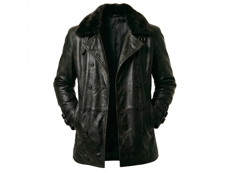 May include: A black leather double-breasted coat with a faux fur collar. The coat has a classic design with large buttons and a tailored fit. The sleeves have adjustable cuffs. The coat is a dark shade of black.