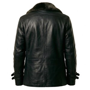 May include: Black leather jacket with a dark fur collar. The jacket has a double-breasted design, two side pockets, and adjustable straps on the sleeves. The back view shows a tailored fit and a classic, timeless style.