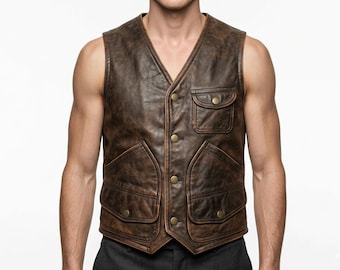 Handmade Mens Brown Leather Biker Vest | Distressed Cowhide Gift for Him