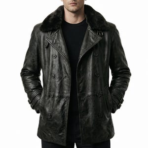 May include: A dark green leather jacket with a black fur collar. The jacket has a double-breasted design with six buttons, two side pockets, and a belt detail on the sleeves. The jacket is worn open.