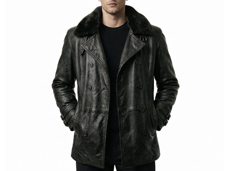 May include: A dark green leather jacket with a black fur collar. The jacket has a double-breasted design with six buttons, two side pockets, and a belt detail on the sleeves. The jacket is worn open.