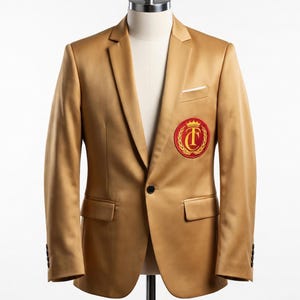 May include: A tan blazer with a single-button closure and a small pocket square. The blazer features a circular patch with a red and gold design on the left chest. The sleeves have three black buttons.