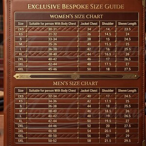 May include: A brown leather-bound size guide with the text "EXCLUSIVE BESPOKE SIZE GUIDE." It includes size charts for women and men, detailing chest, shoulder, and sleeve measurements in inches. A measuring tape and pen are visible.