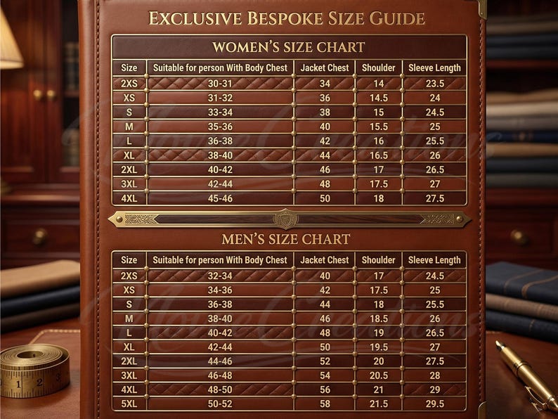May include: A brown leather-bound size guide with the text "EXCLUSIVE BESPOKE SIZE GUIDE." It includes size charts for women and men, detailing chest, shoulder, and sleeve measurements in inches. A measuring tape and pen are visible.
