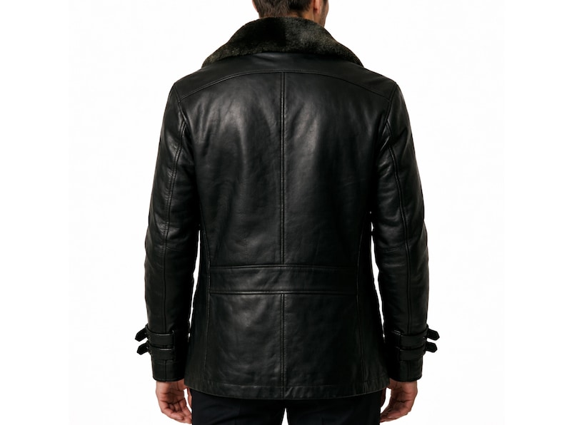 May include: Black leather jacket with a faux fur collar. The jacket has a double-breasted design, two front pockets, and buckle details on the sleeves. A classic outerwear piece.