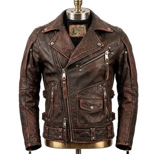 Könnte beinhalten: Braune Leder-Bikerjacke im Used-Look. Sie hat einen asymmetrischen Reißverschluss, mehrere Taschen und silberfarbene Metallbeschläge. Die Jacke hat einen Reverskragen, Schulterklappen und ein Vintage-Aussehen.