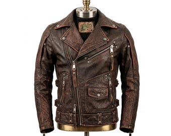 Vintage Motorcycle Biker Leather Jacket Men | Distressed Brown Cafe Racer Jacket | Retro Moto coat