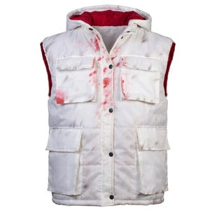 May include: White puffer vest with a red interior and hood. The vest has four front pockets and is splattered with red stains. The vest is buttoned up the front with black buttons.