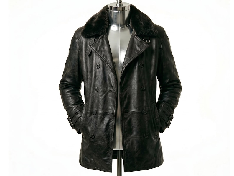 May include: A dark brown leather coat with a faux fur collar. The double-breasted coat has two rows of buttons, side pockets, and adjustable cuffs. The coat is displayed on a mannequin.