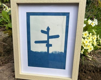 Cyanotype Signpost Print – Handmade Blue Wall Art – Nature Landscape – Framed or Unframed – UK Artist