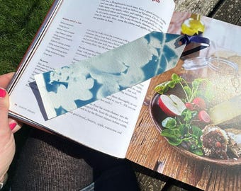 Handmade Cyanotype Bookmark – Original Nature Print – Botanical Art – Blue Ribbon Accent
