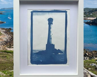 Bishop Rock Lighthouse Cyanotype Print – Handmade Blue Seascape Wall Art (Framed/Unframed)