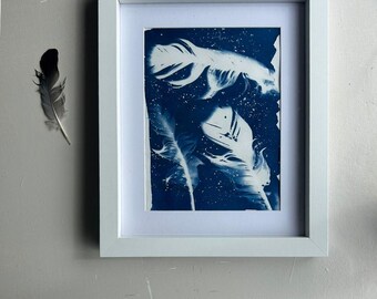 Cyanotype Feathers Print – Handmade Blue Wall Art – Nature Landscape – Framed or Unframed – UK Artist