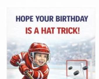 Tarjeta de cumpleaños de hockey para niños: Hat Trick Fun (Descarga digital)