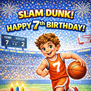 Biglietto di auguri per il 7° compleanno a tema schiacciata di basket / Stampabile per bambini a tema sportivo (Download digitale)