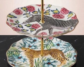 Lou Rota for Anthropologie 2 Tier Cake Stand, Nature Table Exotic Zebra & Cheetah Serving Tray, Luxury Designer High Tea Display, Gift