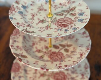 Upcycled Johnson Brothers Rose Chintz 3-Tier Plate Stand | Vintage China Serving Tray