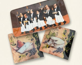 Guy Buffet illustrated ceramic Champagne Waiters serving tray and cheese plates