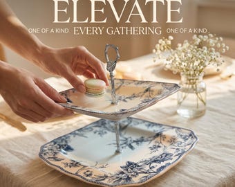 Upcycled Blue and White 2 Tier Cake Stand | Dessert Serving Tray | Square Platters