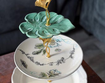 Botanical Upcycled 3-Tier Cake Stand, Monstera Leaf Top, Garden Party Serving Tray