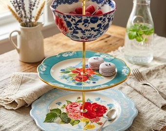 Pioneer Woman Blossom Jubilee 3-Tier Cake Stand • Cottage Tea Party Tray