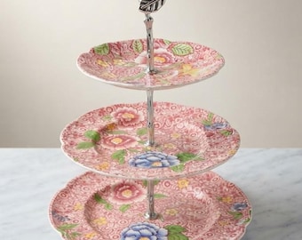 Johnson Brothers Pink English Countryside 3-Tier Serving Stand | Vintage Floral Chintz Dessert Tray | Grandmillennial Table Decor