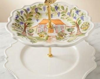 Ma Maison Hand Painted French Country 2 Tier Serving Stand | Vintage Hand-Painted Vineyard Villa Porcelain Dessert Tray