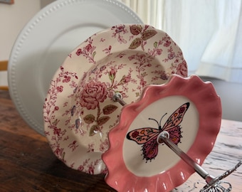Upcycled Vintage Butterflies Roses 3 Tier Cake Stand, English Garden Tea Party Decor