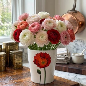 May include: A bouquet of colorful ranunculus flowers in a white ceramic vase with a red poppy design. The flowers are in shades of red, pink, and white. The vase sits on a wooden countertop near a window.
