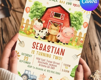 Red Farm Birthday Invitation, Farm Animals Birthday Invite, Girl Barnyard Birthday, Girl Farm, Floral Barnyard Animals, Editable Canva
