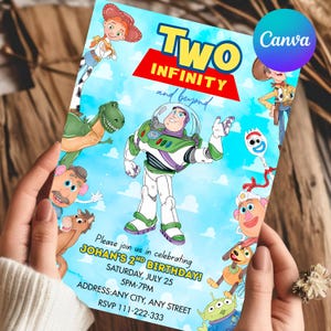 May include: A light blue invitation card featuring cartoon characters from the movie Toy Story. The card reads "Two Infinity and Beyond" and includes the text "Johan's 2nd Birthday!" with event details. The Canva logo is visible.