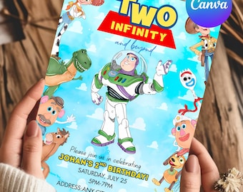 Invitación de cumpleaños de Toy Story "Dos al infinito y más allá" / Plantilla editable de Canva (Descarga digital)