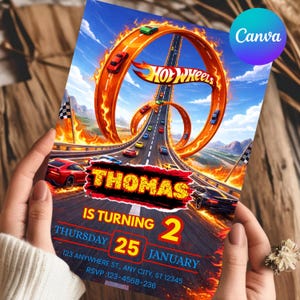 Invitación de cumpleaños de Hot Wheels, plantilla editable de Canva (descarga digital)