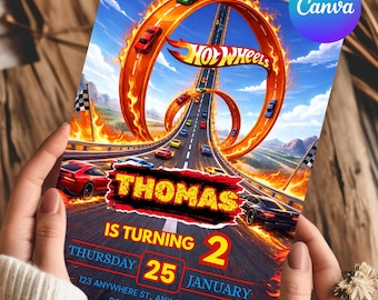 Invito di compleanno per auto da corsa Hot Wheels, modello Canva modificabile (download digitale)