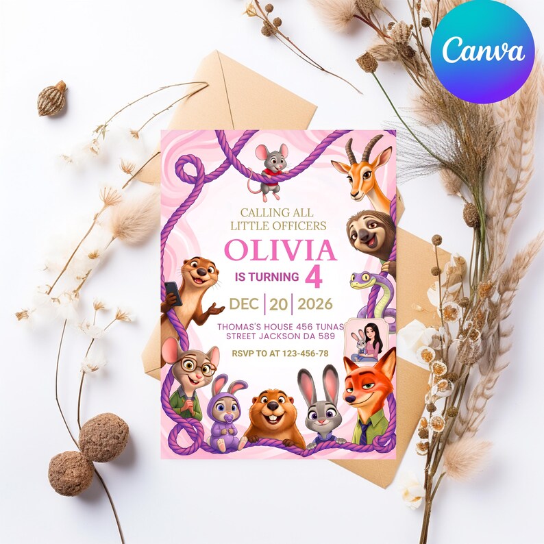Puede incluir: Una tarjeta de invitaci&oacute;n de cumplea&ntilde;os rectangular con un borde de cuerda morada y varios personajes animales de dibujos animados. El texto dice: CALLING ALL LITTLE OFFICERS, OLIVIA IS TURNING 4, DEC 20 2026, THOMAS'S HOUSE 456 TUNAS STREET JACKSON DA 589, RSVP TO AT 123-456-78.