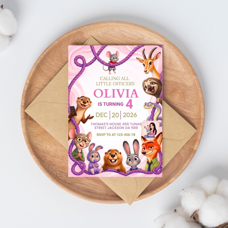 Puede incluir: Una tarjeta de invitaci&oacute;n de cumplea&ntilde;os rectangular con fondo rosa, borde de cuerda morada y varios animales de dibujos animados. El texto dice: CALLING ALL LITTLE OFFICERS OLIVIA IS TURNING 4 DEC 20 2026 THOMAS'S HOUSE 456 TUNAS STREET JACKSON DA 589 RSVP TO AT 123-456-78.