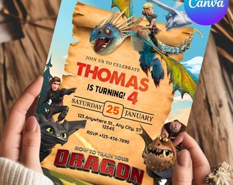 Invitación de cumpleaños de Entrena a tu dragón, invitación editable para fiesta de dragones para niño, descarga digital personalizada para niños, plantilla de Canva